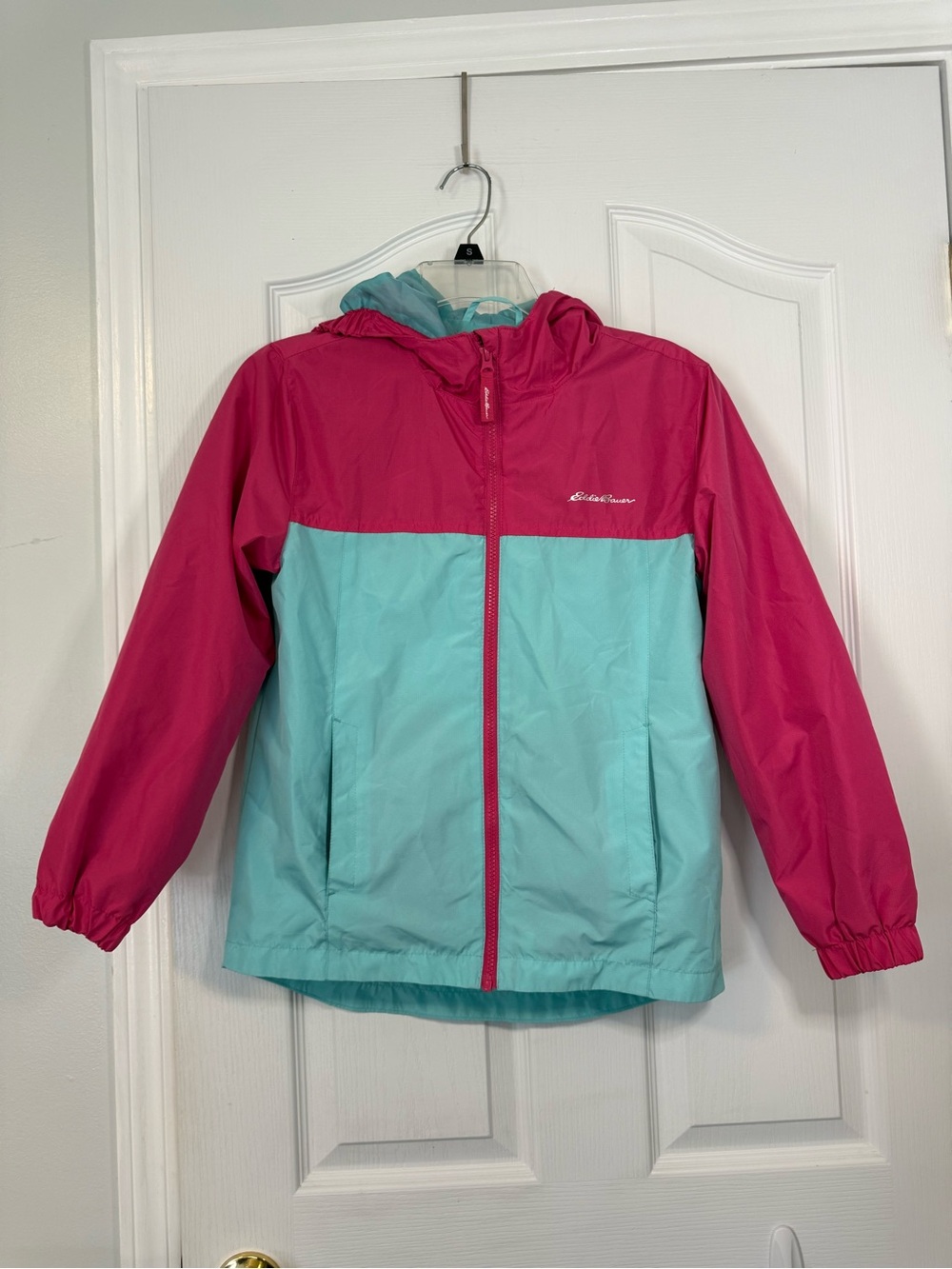 Eddie Bauer Girls Pink and Aqua Hooded Raincoat